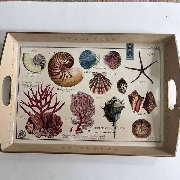 Michel Design Works Wood Decoupage Lacquered Seashell Serving Tray - 14”… - Picture 7 of 12